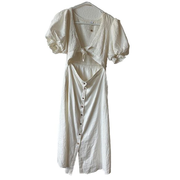 White Dress Size L Halter Top Smocked Puff Sleeves - Picture 1 of 9